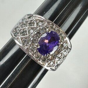 Silver Tone Violet Glass & Crystal Ring Size 8
